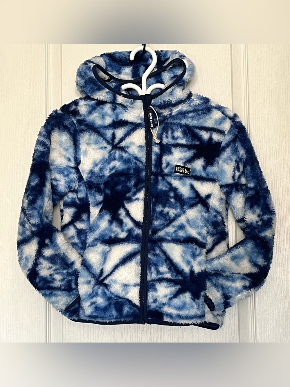 Eddie Bauer Quest High Pile Plush Fleece Hoodie Jacket Blue Tie Dye M 7/8